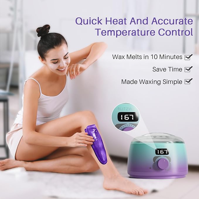 BLITZWAX Brazilian and Bikini Waxing Kit for Women, Hard Wax Warmer for Face, Legs, and Body, At Home Hair Removal Kit, Beginner Friendly, Quick Heating, 32pcs Wax Spatulas