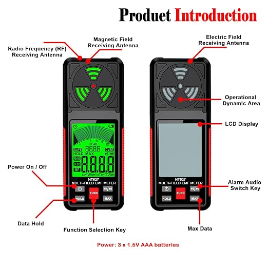 EMF Meter, 3-in-1 Portable Electromagnetic Field Radiation Detector Handheld EMF Tester for EF, RF, MF, WiFi Signal, Radio Frequency Detector Suitable for Home Office EMF Inspections Ghost Hunting