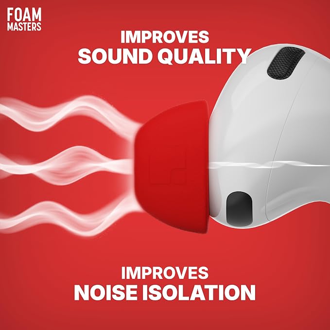 Foam Masters Ultra-Premium Memory Foam Ear Tips for AirPods Pro 3rd Gen (2025) | 3 Pairs | New Ver. | Secure Fit | Super Comfort | Better Noise Cancel | Replacement Buds (Assorted S/M/L, Red)