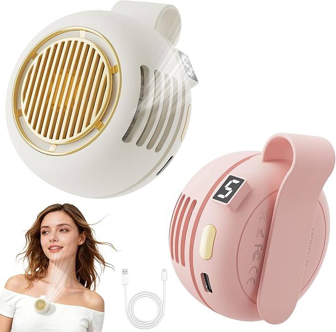 UNIWA Clip On Fan, Portable Silent Mini Bladeless Fan for Shirt/Waist, 5 Speed Adjustable&LED Display, Spin 360° Fan, Hands-Free, Wearable Fan for Outdoor Travel, Office, Gift Women Apricot White+Pink