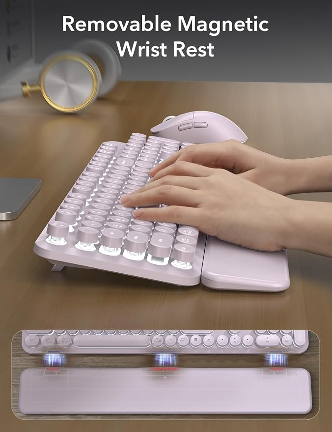Wireless Keyboard and Mouse Backlit - Typewriter Keyboard with Magnetic Wrist Rest, Retro Round Keycaps, Light Up Letters, 2.4GHz Cordless Combo for Mac, Windows, PC, Laptop, Trueque（Dusty Lavender）
