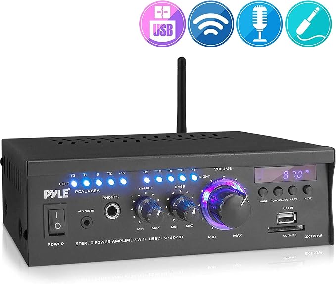 Pyle Home Power Amplifier with Bluetooth Wireless - 2 x 120 Watt Stereo Receiver w/ Blue LED Level Meter, FM Radio, USB-A Input w/ MP3 Player, SD Card In, Aux, RCA, Headphone Jack - PCAU46BA
