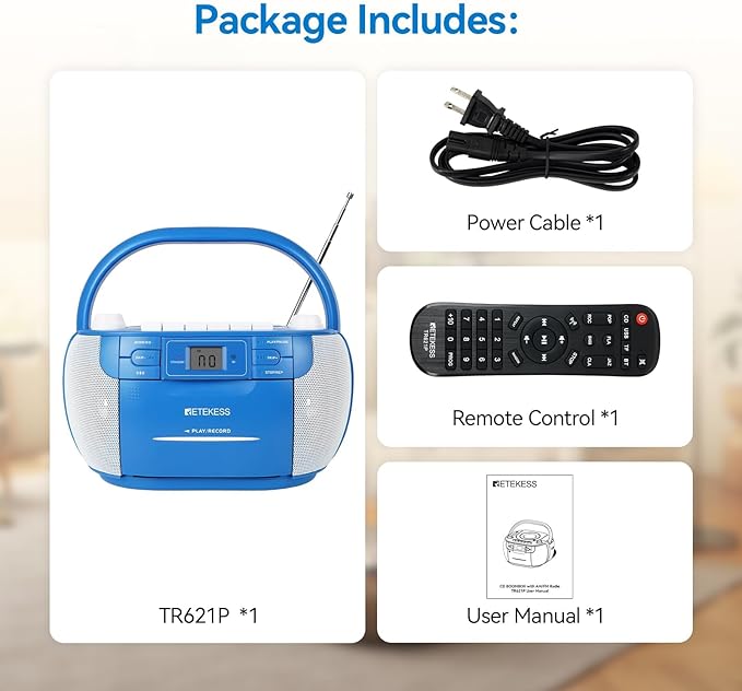 Retekess TR621P CD Player Boombox,Cassette Tape Player,Wireless,AM/FM Radio,Remote Control,Stereo Sound,Tape Recording, USB/TF,AC/D Battery Powered for Home