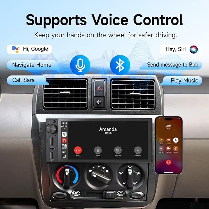 Single Din Car Stereo, 6 Inch Touchscreen Radio with CarPlay & Android Auto | Bluetooth, Mirror Link, Backup Camera, USB&Type-C, FM, SWC, EQ, Full Lamination Screen, Volume Knob