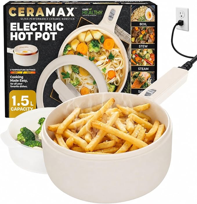 CERAMAX PRO Electric Hot Pot with Lid & Steamer, 1.5L Non Toxic Ceramic Cooker Skillet for Ramen, Eggs, Pasta for Dorms, Camping, RVs, Work, Adjustable Temp. - New Improved 2026 Model