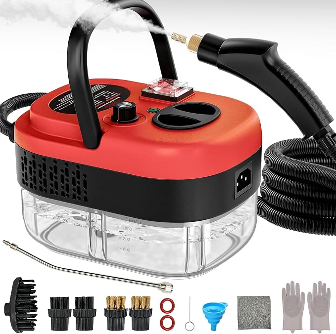 Portable High-Pressure Handheld Steam Cleaner, 14-Piece Accessories, 6 Steam Levels, 15s Heat-Up,chemical-free Cleaning Tile, Grout, Dirt, Grease & Car Detailing (black＆Red)