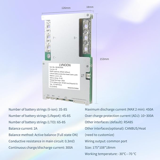 LB2A Smart Active Balancer BMS for Li-ion NCM LFP LiFePo4 LTO Battery Management System 3S 4S 5S 7S 8S 300A with APP Control 12V 24V (3-8S, 300A)