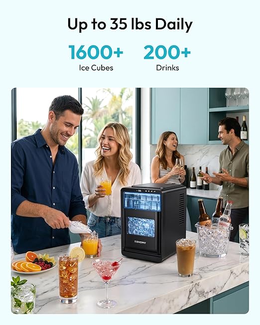 EUHOMY Countertop Crescent Ice Maker, 16Pcs in 12Mins, 35Lbs/24H, Auto Deep Cleaning, Timer, Adjustable Ice Thickness, Portable Ice Cube Maker for Whiskey/Coffee/Soft Drinks