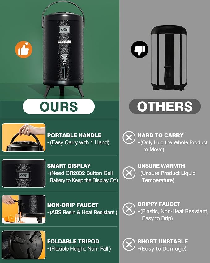 WantJoin Insulated Beverage Dispenser - 1-pack Thermal Hot and Cold Drink Dispenser with Spigot, Stainless Steel Premium 12 L/3.2 Gallon for Coffee & Hot tea,Cold Milk,Water,Juice (Black)