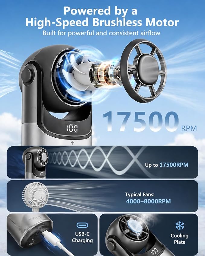 Mini Handheld Fan with Cooling Plate,Aluminum Alloy Body, Pocket Size Portable Fan, Personal Fan with 100 Speeds, Digital Display, Adjustable Head for Travel Office Outdoor, Gifts for Women, Men