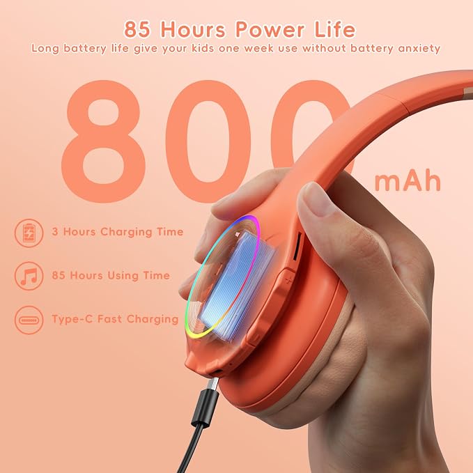 Candy Bila Kids Bluetooth 6.0 Headphones with LED Light, 85Hours Playtimes, Type-C Fast Charging, 85/94dB Volume Limited, Wireless Headphones with Built-in Mic, Wired & TF Card Mode, Pink and Orange