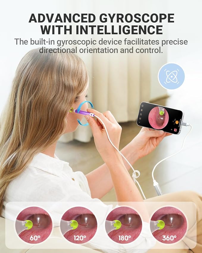 Digital Otoscope with Gyroscope, HD Ear Camera with Ear Wax Removal Tools, Video Ear Scope Otoscope with Light, Compatible with iPhone and Android (Purple)