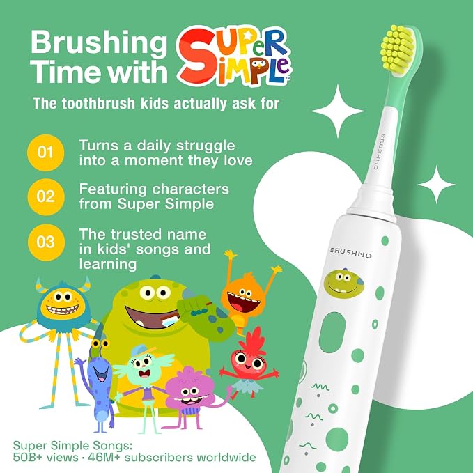 Brushmo x Super Simple Songs Kids Sonic Electric Toothbrush for Ages 3+, Featuring Hugo, 3 Gentle Modes, 2 Brush Heads, Travel Case, Rechargeable with Wall Adapter (BM03)