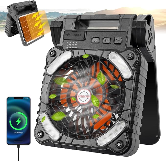 Solar Powered Fan Camping with LED Light, 7" 10400mAh Portable Camping Fans with 4W Solar Panel, Rechargeable Battery Operated Tent Fan for Outdoor Car RV Hurricane