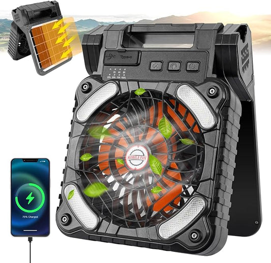 Solar Powered Fan Camping with LED Light, 7" 10400mAh Portable Camping Fans with 4W Solar Panel, Rechargeable Battery Operated Tent Fan for Outdoor Car RV Hurricane