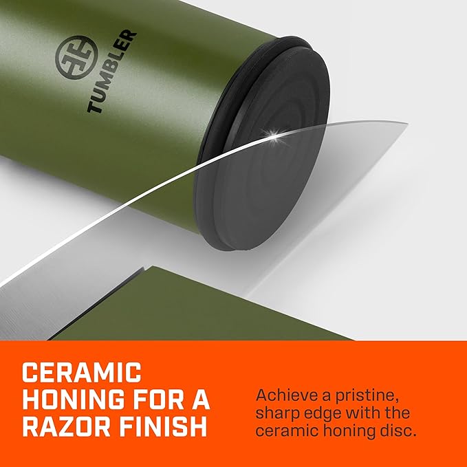 TUMBLER Pro Rolling Knife Sharpener™ - Knife Sharpening Made Easy - Rolling Knife Sharpening Kit with Removable Disc System - Includes 4-Layer Diamond Sharpening Disc & EdgeBoost Ceramic Disc (Green)