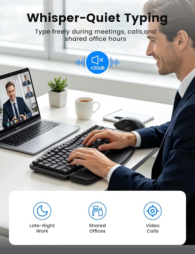 Wireless Keyboard and Mouse Combo, SABLUTE MA41 30dB Quiet Ergonomic Wave Keyboard Set with Soft Leather Palm Rest, Dual-System Switch for Windows/Mac, Ideal for Business Teams Home Office