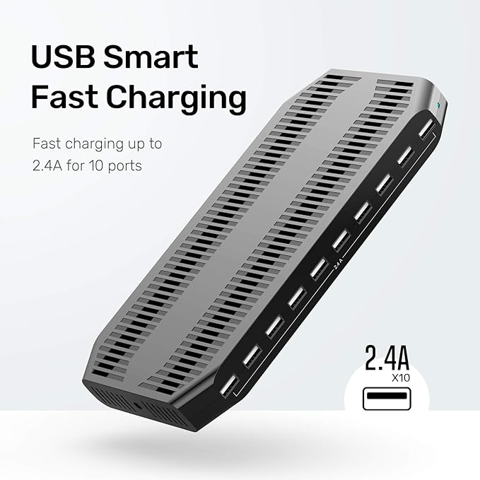 【10PCS】 Unitek Multi Charging Station, 10-Port USB Charger for Multiple Device with SmartIC Tech and Adjustable Dividers, Organizer Stand Compatible with iPad, Tablet, Kindle, iPhone - 10PCS, Black