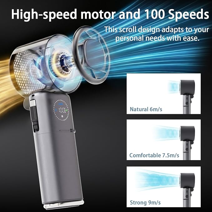 9000mAh Portable Handheld Fan, Rechargeable Travel Fan as Power Bank, 100 Speed Scroll Wheel, Personal Hand Face Fan for Outdoor & Working, Retractable Wire, Extra-Long Battery Life - Dark Grey