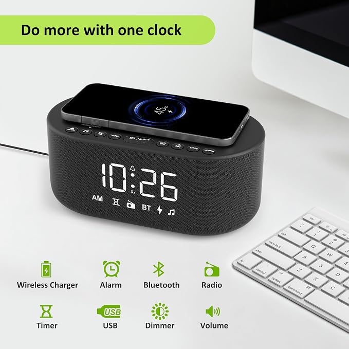 DreamSky Alarm Clock Radio with Wireless Charging and Bluetooth Speaker | Loud Alarm for Heavy Sleepers, Bedroom Digital FM Radio with Sleep Timer, 0-100% Dimmer, 9 Alarm Sounds & 16 Volumes, USB