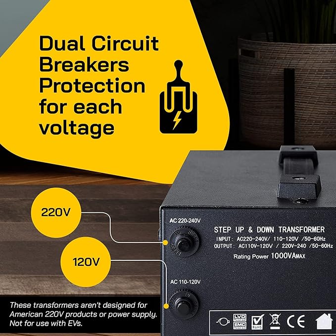 ELC T Series 1000 Watt Voltage Converter Transformer - Step Up/Down - 110v to 220v / 220v to 110v Power Converter - Circuit Breaker Protection, CE Certified [3-Years Warranty]