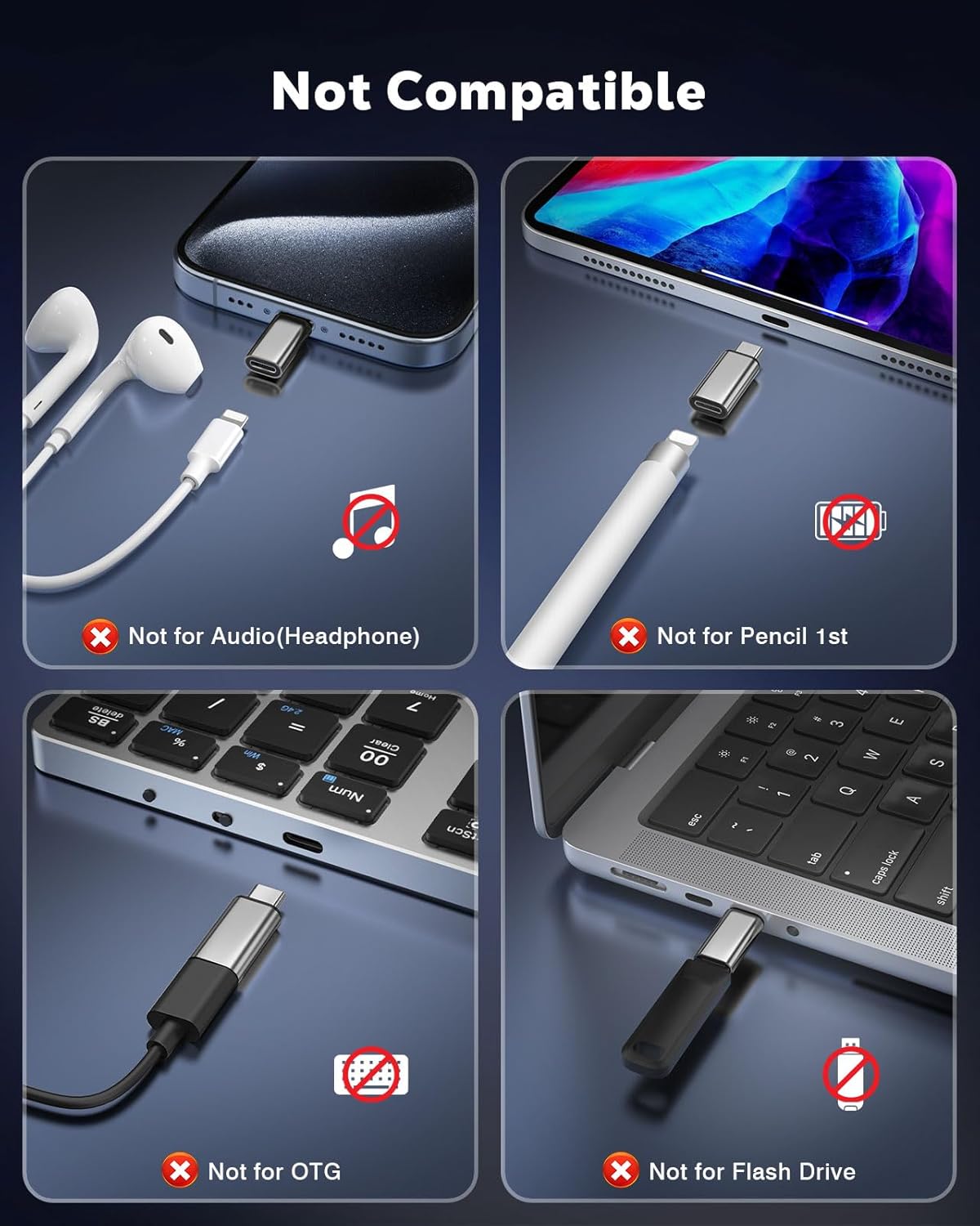 MoKo Lightning to USB C Adapter 2Pack, NOT for Lightning Earbuds/Headphones/OTG, USB-C to Lightning Adapter for iPhone Air 17 16 15 Pro Max Plus,iPad Pro/Air,Galaxy,ONLY for Charging/Data Sync,Silver