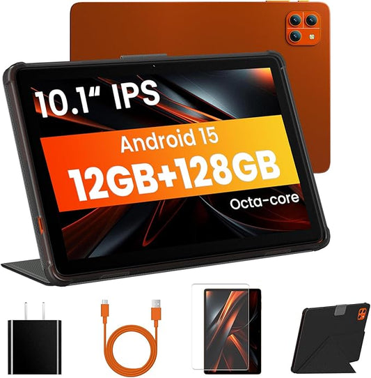 10 inch Android Tablet, 12GB RAM 128GB Storage (up to 2TB), Tablet with Case, Octa-Core Processor, IPS HD Display, Wi-Fi 6 & Bluetooth 5.4, Android 15, 6000mAh Battery