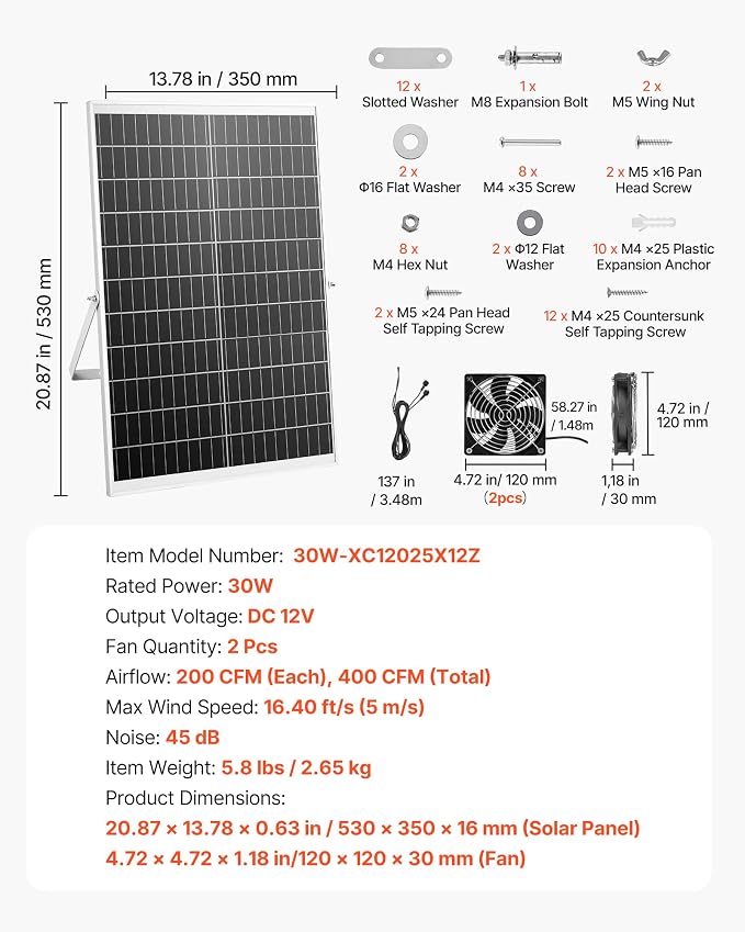 VEVOR Solar Powered Fan, 30W Solar Panel with 2 Fans, Adjustable Solar Panel Angle, 2668 RPM High-Speed, Flexible Installation, Fast Air Exchange for Greenhouse, Grow Tents, Chicken Coops, Shelters