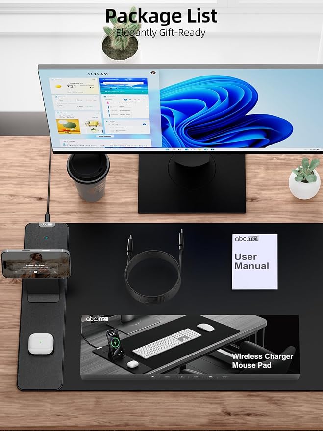 Mouse Pad with Magnetic Wireless Charging Phone Stand, 31.5"x15.8" Large, Waterproof Smooth Surface, Non-Slip Base, No Adapter