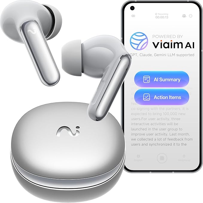 RecDot Voice Recorder Earbuds: Professional AI Note Taker for Meetings, Calls & Lectures. Transcribe & Summarize, 78 Languages, 48dB Hybrid ANC AI Assistant for Deep Work, AES-256 Secure, Silver