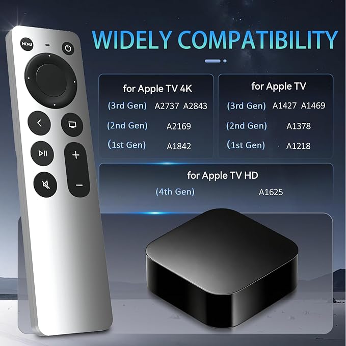 Universal Replacement for Apple TV Remote: for Apple TV 4K/HD/Gen 1 2 3 with TV Control (NO Siri & Touch) for Home Family Elderly, Silvery-White