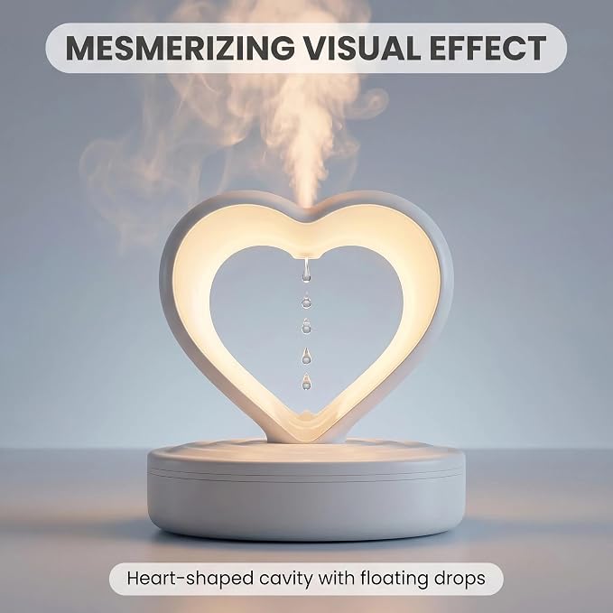 Anti-Gravity Humidifier for Bedroom & Office, 800ml Heart-Shaped Design with Floating Water Droplets, Cool Mist Humidifier for Home, Baby Room and Dry Skin Relief