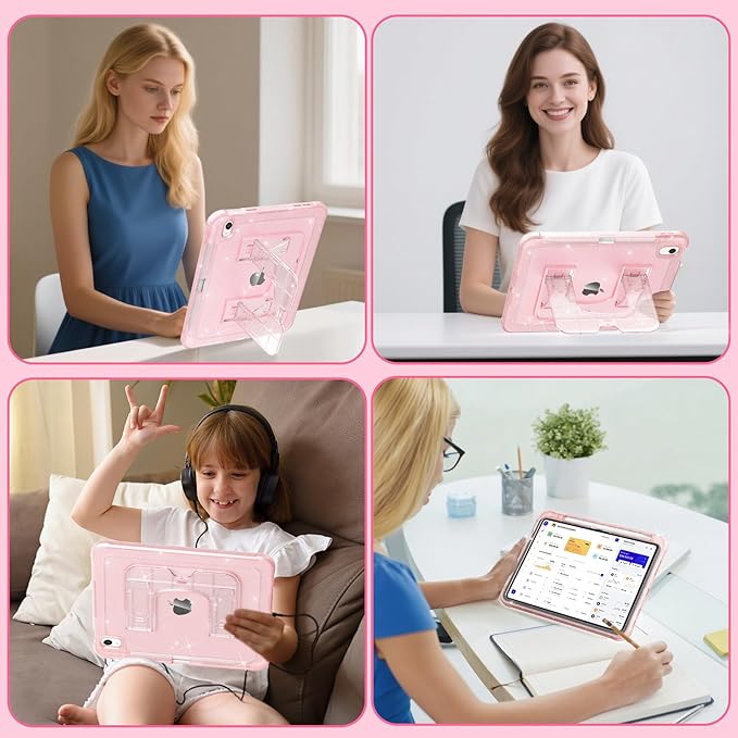CCMAO Case for iPad (A16) 11th 11" 2025, iPad 10th Generation 2022 with Pencil Holder & Kickstand, Shockproof Protective Slim Thin iPad Case with Glitter Back Cover, Pink Glitter
