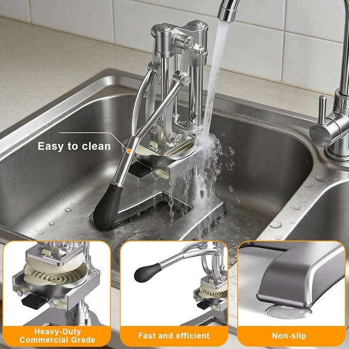 2-in-1 Commercial Juicer & Vegetable Chopper – Heavy Duty Cast Iron Manual Citrus Press with Stainless Steel Food Dicer, French Fry Cutter, 1/2" 3/8" 1/4" Blades for Potatoes