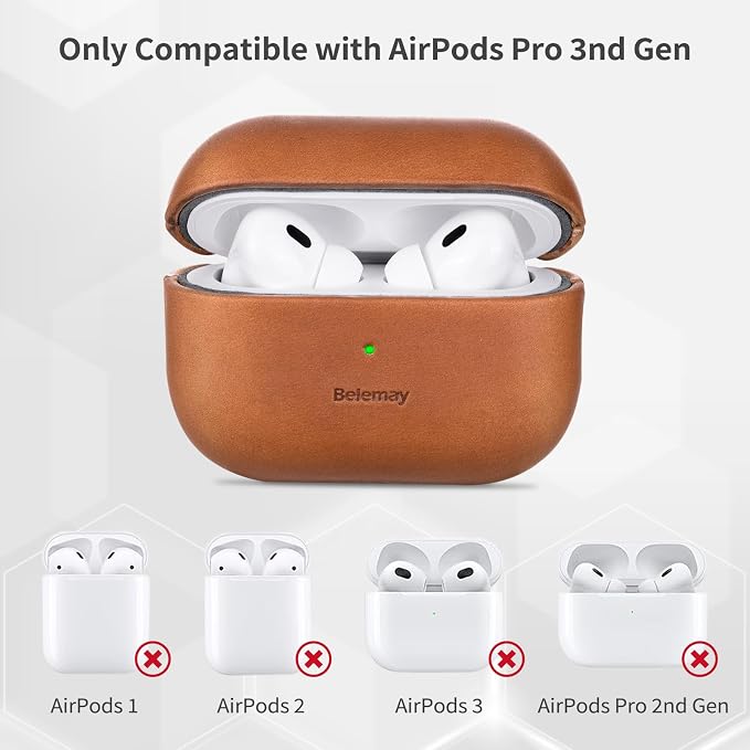Belemay Handcrafted Crazy Horse Leather Case for AirPods Pro 3rd Gen (2025), Vintage Aesthetic, Two-Tone Effect, Unique Patina, Compatible with MagSafe, Compatible with Airpods Pro 3, Pine Green
