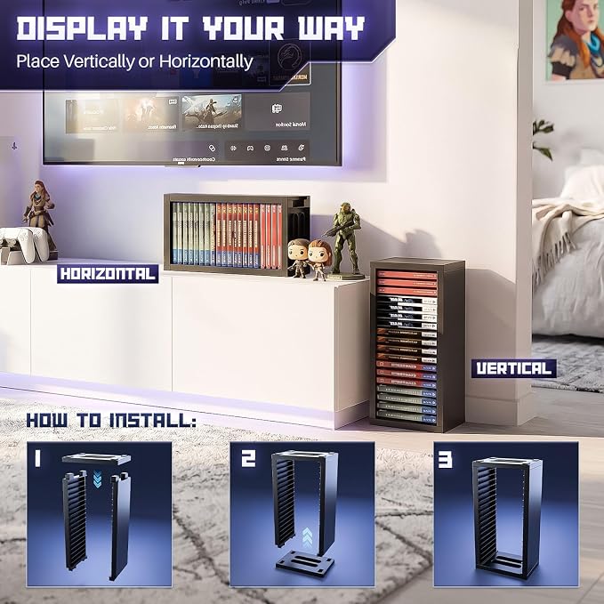 TNP Universal Video Game Storage Tower for PS5, PS4, PS3, Nintendo Switch, Xbox One, Xbox Series S/X - Black Video Game Holder Organizer Stand with 18 CD Case Storage for Organizing & Displaying