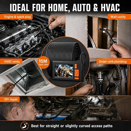 50FT Dual Lens Endoscope Camera with Light, 4.3" Borescope Support 1080P Photo/Video, IP67 Waterproof with 8 LED Lights, Semi-Rigid Inspection Snake Cable for Pipe, Engine & HVAC