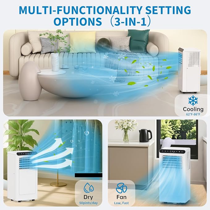 8000 BTU Portable Air Conditioner, Cools 350 Sq.Ft. Quiet 48dB AC Unit with Dehumidifier, Fan & Sleep Modes, 24H Timer, Remote Control & Window Kit, DOE Certified CEER 6.2, White+Black Panel