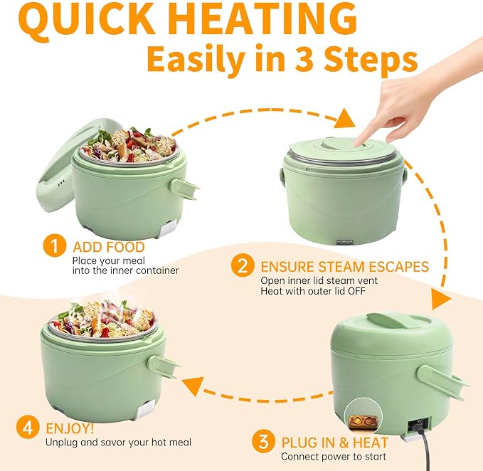 Aotto Electric Lunch Box, 40 oz Portable Food Warmer Heater, Lunch Warmer Portable for Work/Office/Car/Travel 12V/24V/110V 3-in-1, Warming Soup & Meal, Spill-Free, Men & Women's Gifts, Green