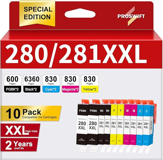 10 Pack 280 281 XXL Ink Cartridges Replacement for Canon PGI-280 281 Cartridge for Pixma TR8620a TR8620 TR8520 TR8600 TR7520 TS702a TS9520 TS9521C TS6120 TS6220 TS9120 TS6320 TS8220 (10Pack-4BK2C2M2Y)
