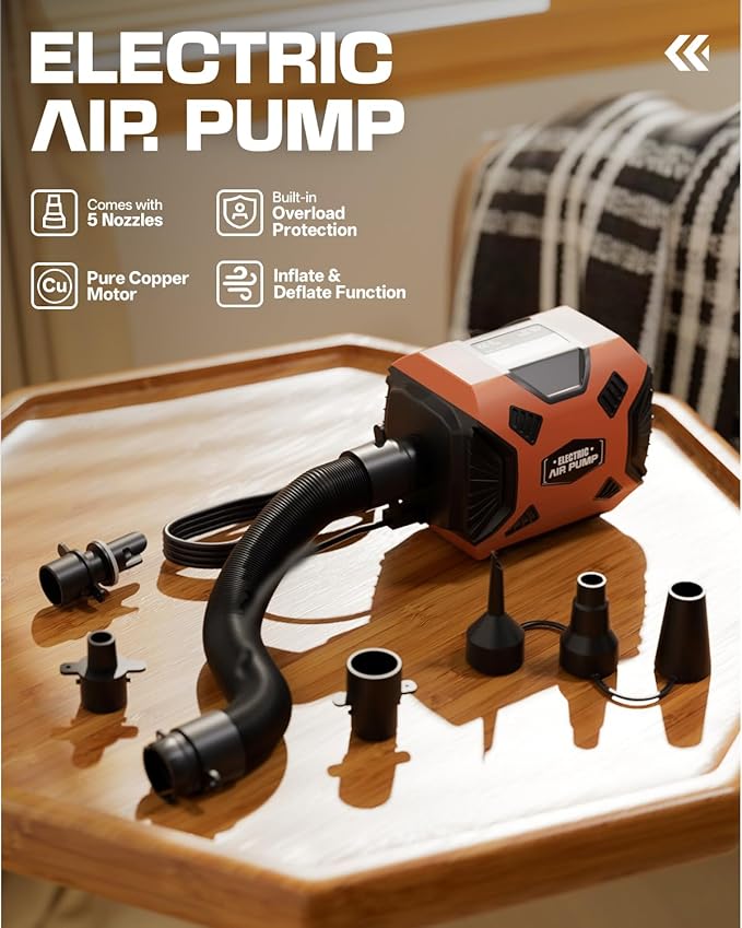 Electric Air Pump for Inflatables: Powerful AC 120V Air Mattress Pump with 5 Nozzles and Hose, Fast Inflation & Deflation for Gymnastics Track Mat, Pool Float, Raft