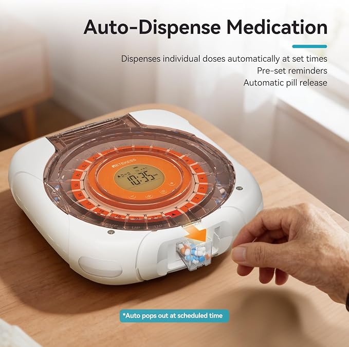 Retekess TH017 Automatic Pill Dispenser with Alarm, Effortless Medication, Secure Storage, Clear and Loud Reminders, Large Pill Organizer with 21 Compartments, Pill Box for Elderly