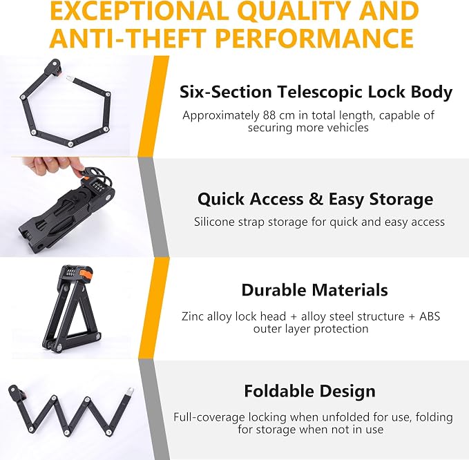 Folding Bike Lock, 4 Digit Combination High Security Anti Theft Lock, Compact Folding Bike Lock with Mount Bracket for Bikes, Scooters and Motorcycles