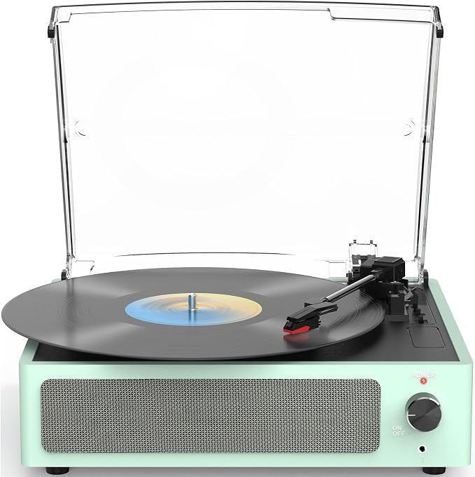 Record Player with Speakers Turntable for Vinyls Records Belt-Driven Turntables LP Vinyl Players Support Auto Stop 3-Speed 3 Size Wireless Playback Headphone AUX RCA Line Out New Sleek Mint Green
