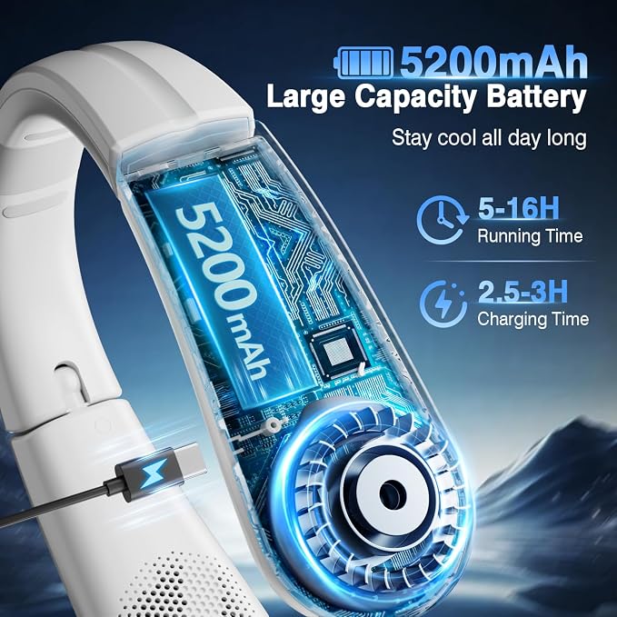 ChillGo Portable Neck Fan - 8400 RPM Enlarged Turbo Airflow - 5200mAh Personal Rechargeable Cooling Wearable Fan - Max 16H, 4 Speeds, Foldable, LED Display - Great Gifts for Men Women - NYC Snowfall