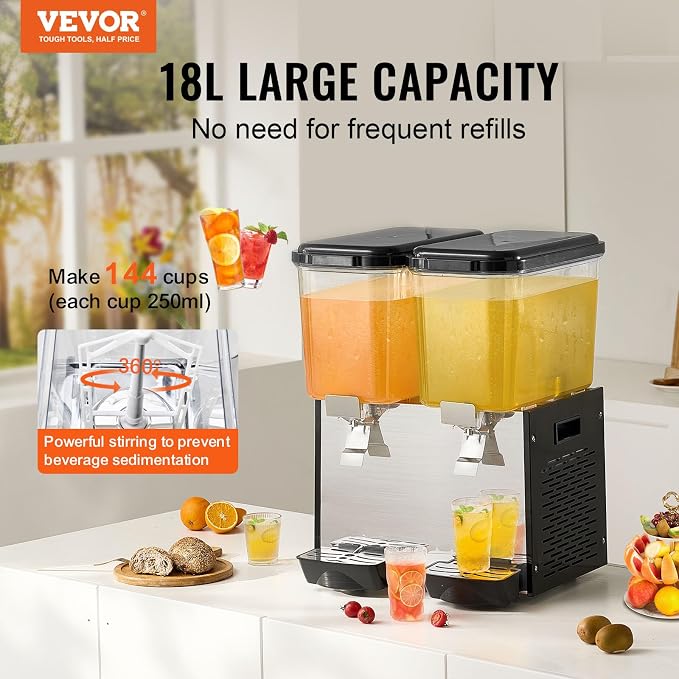 VEVOR Commercial Beverage Dispenser, 2 Tanks 18 L / 19 QT Per Tank Juice Dispenser, 370W Stainless Steel Ice Tea Drink Machine with 45°F-54°F Cooling Temperature, for Cold Drink Restaurant Bar Party