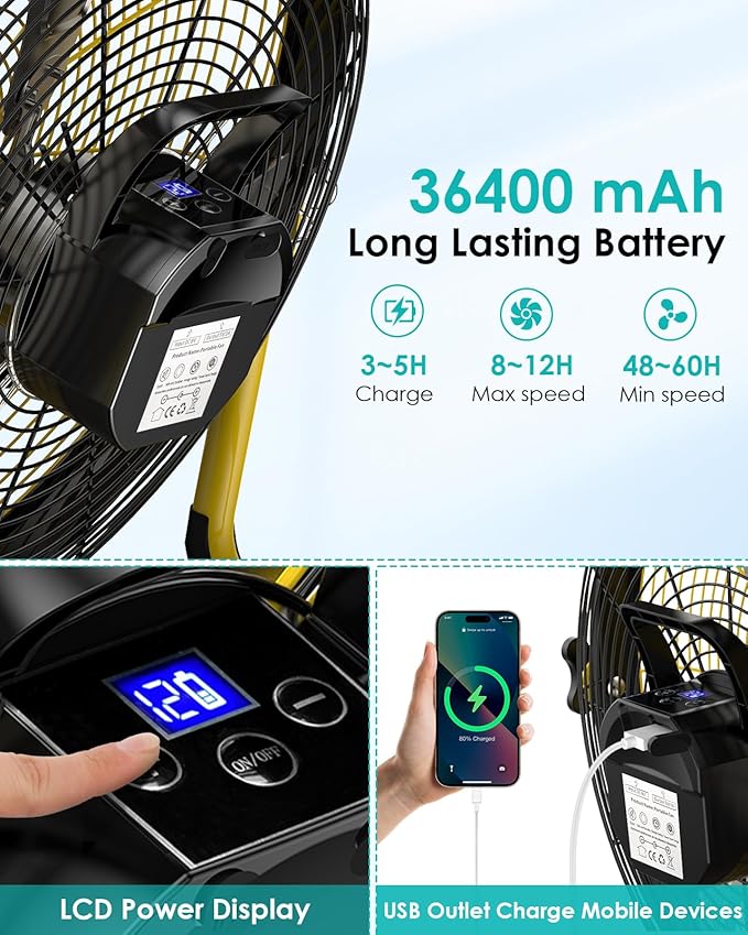 ZHULI 14" Solar Fan, Portable Battery Operated Solar Fans for Outside, Rechargeable Cordless Camping Fan, 30W Solar Panel, Hi-Velocity Brushless Motor, Metal Blade, USB Phone Charge, Quiet, Wireless