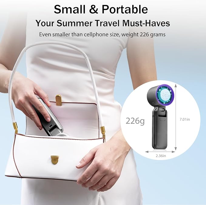 Handheld Portable fan with Turbo Cooling Ice Cooler- Hand Held Fan Rechargeable,100 Speed, 20H Battery Life 3600mAh, Powerful Mini Personal Fan for Travel, Outdoor, Beach, Makeup, Summer Use