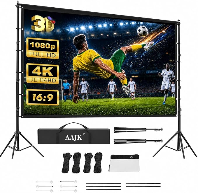 AAJK 150in Outdoor Projector Screen with Stand, Portable 16:9 4K HD Indoor Outdoor Projection Screen with Wrinkle-Free Design, Ideal for Home Theater and Backyard Cinema – Includes Carry Bag