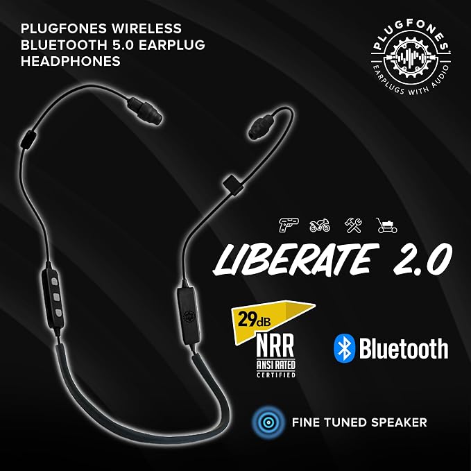 Plugfones Liberate 2.0 Bluetooth Earplug Headphones - Wireless Bluetooth in-Ear Earplug Earbuds - 29 dB Noise Reduction Headphones with Noise Isolating Mic and Controls (Black & Gray)